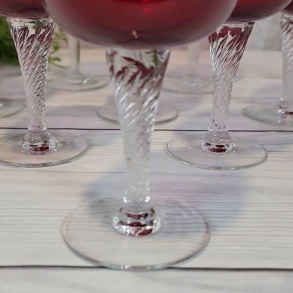 Colony Saturn Red water goblet 7 1/4" clear twisted stems 10 pieces - Picture 5 of 9